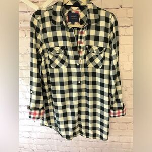 American Eagle Womens Buffalo Plaid Popover Black & Cream Top Size 10